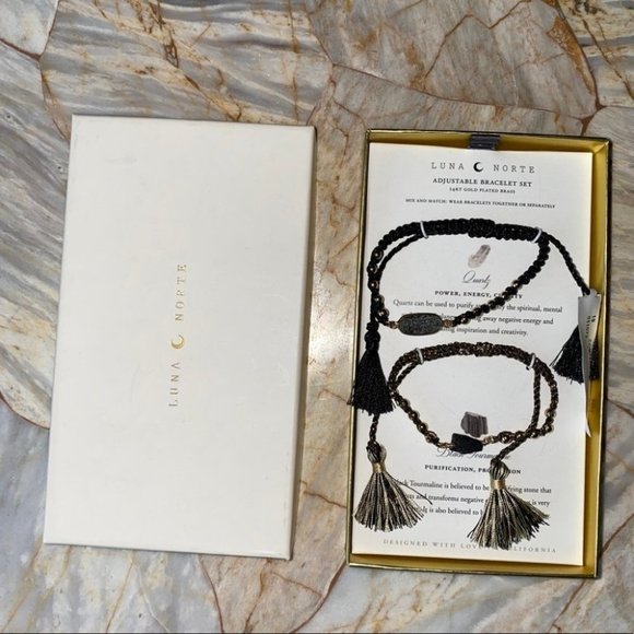 2 PCS LUNA NORTE ADJUSTABLEBRACELET SET: quartz and black tourmaline